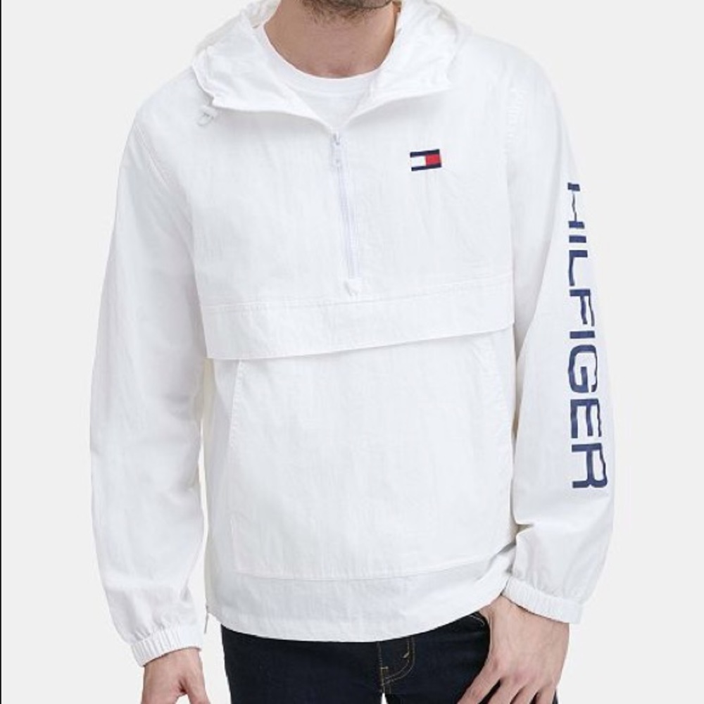 Tommy Hilfiger White Hooded Half-Zip Windbreaker